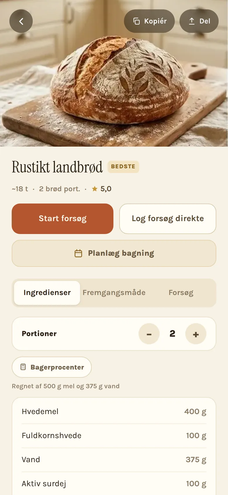Opskriftssiden i appen med bedømmelse, ingredienser og bagerprocenter