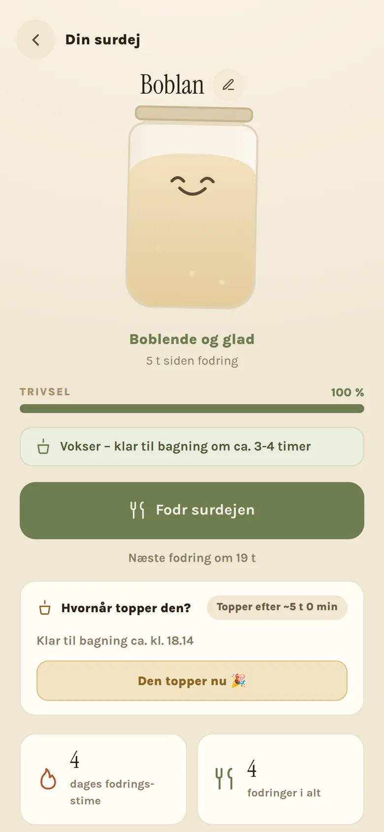 Surdejsven i appen med humør, fodringsinterval og log
